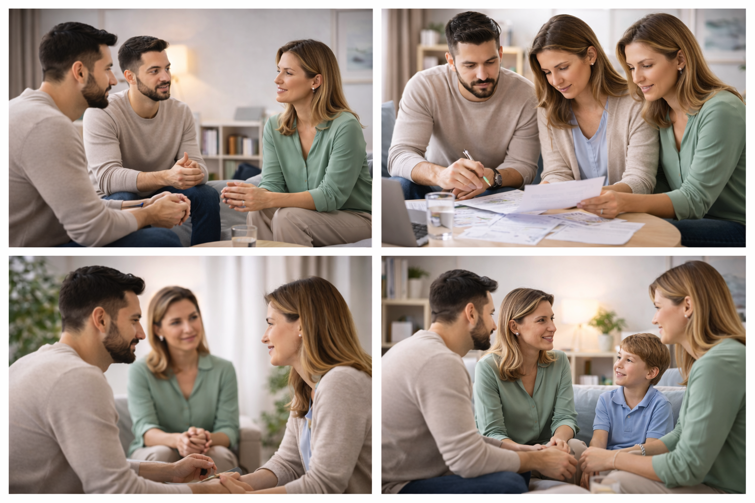 A family sitting together with a mediator, discussing arrangements in a calm and supportive environment